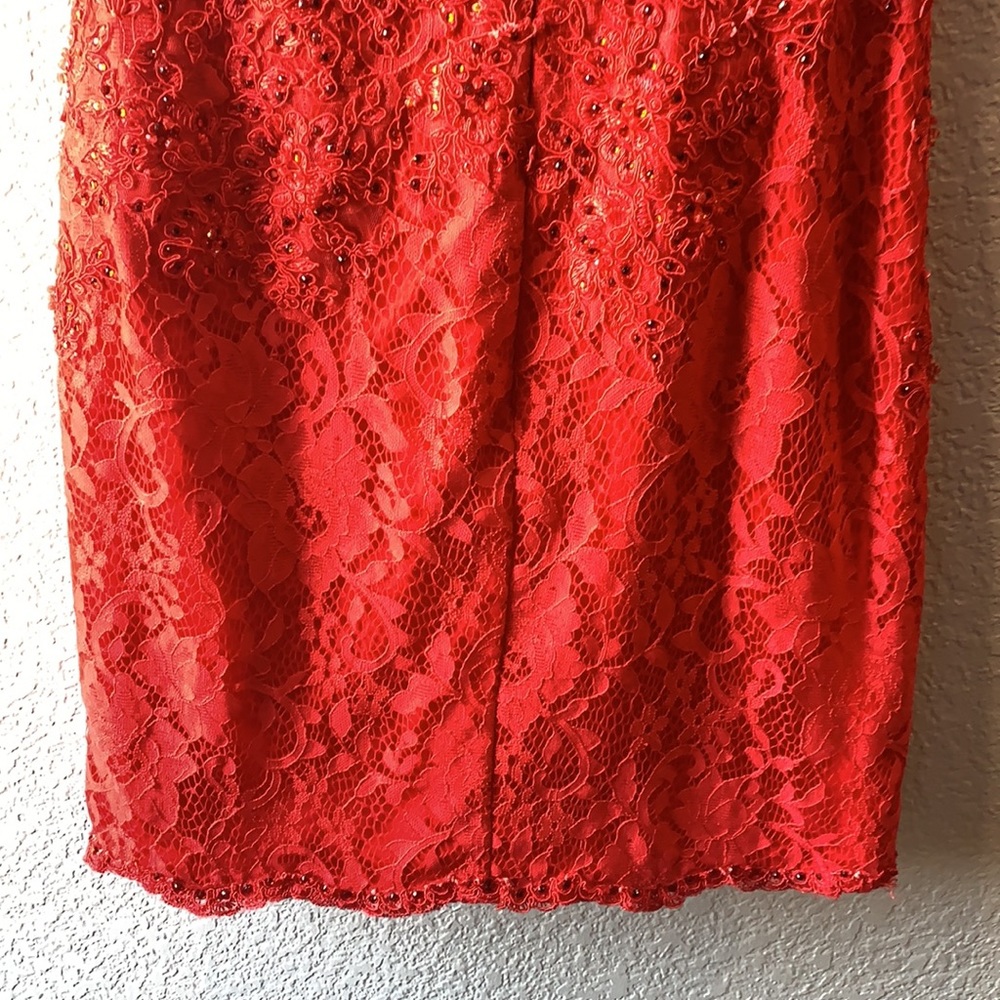 Mori Lee red rhinestone lace cocktail one shoulder dress. Size 3/4 - Picture 6 of 10